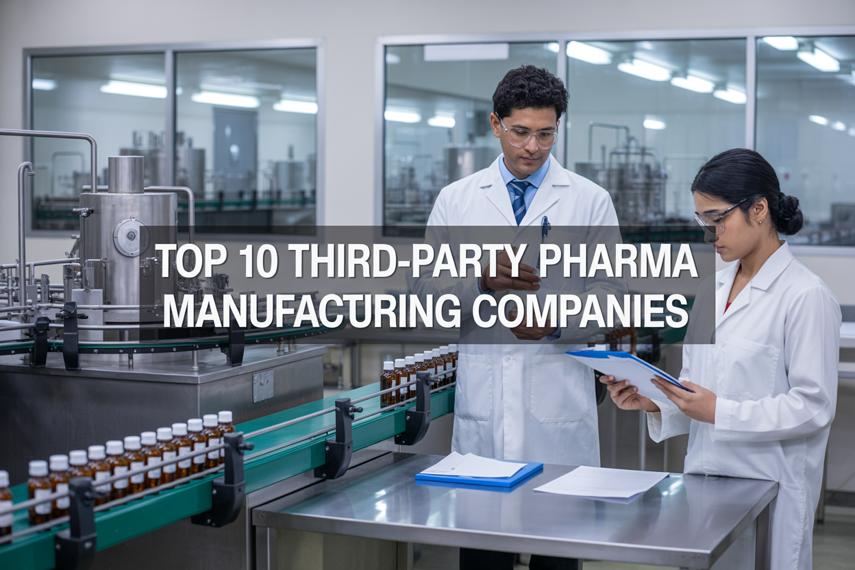 Create a realistic image of a modern pharmaceutical manufacturing facility in India with stainless steel production equipment, conveyor belts with medicine bottles, and quality control stations in the foreground, featuring two professionals - one Indian male scientist in a white lab coat examining pharmaceutical products and one Indian female quality inspector checking documentation, with large windows showing additional manufacturing units in the background, clean industrial lighting, and the text "Top 10 Third-Party Pharma Manufacturing Companies" prominently displayed as an overlay banner.
