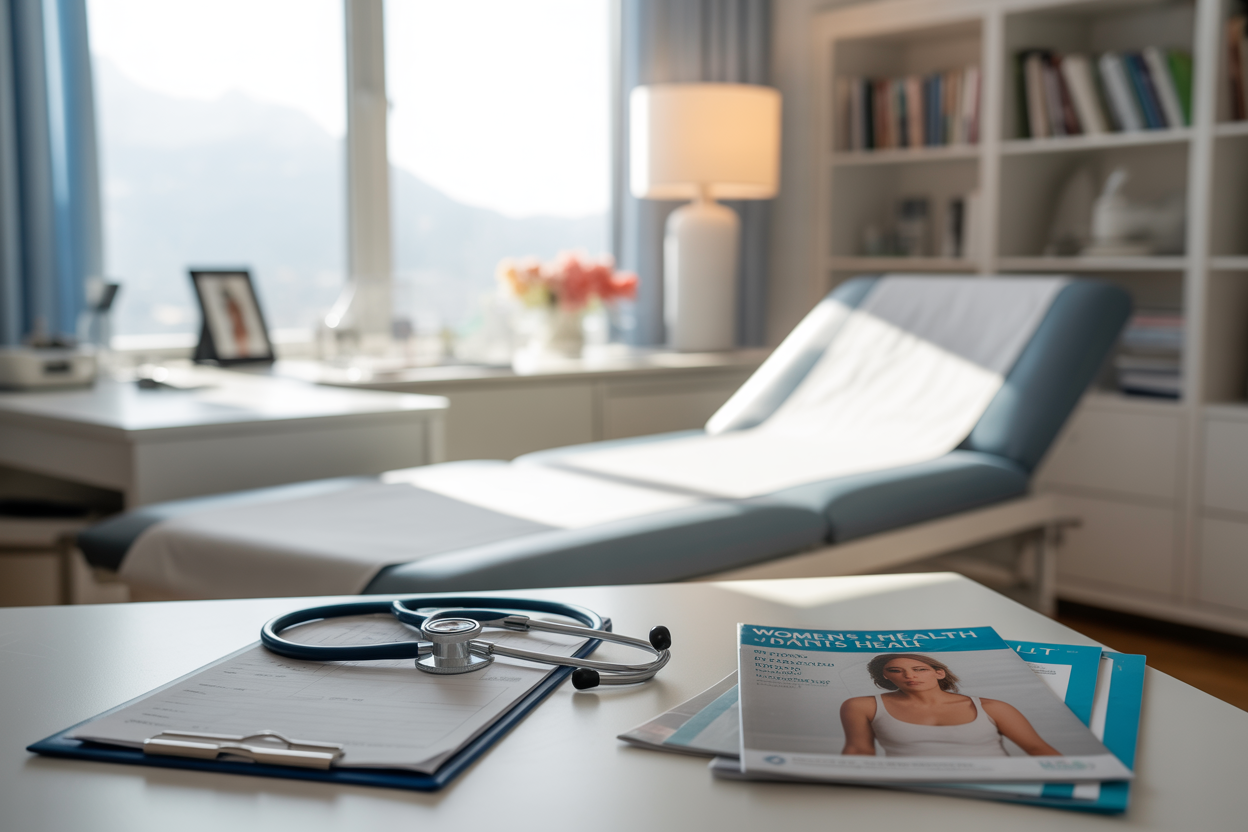 Create a realistic image of a modern medical consultation room with a clean white examination table in the foreground, medical charts and educational pamphlets about women's health scattered on a nearby desk, a stethoscope draped over the edge of the table, soft natural lighting streaming through a window creating a calm and informative atmosphere, with medical reference books visible on shelves in the background, emphasizing a professional healthcare setting that conveys trust and medical expertise, absolutely NO text should be in the scene.