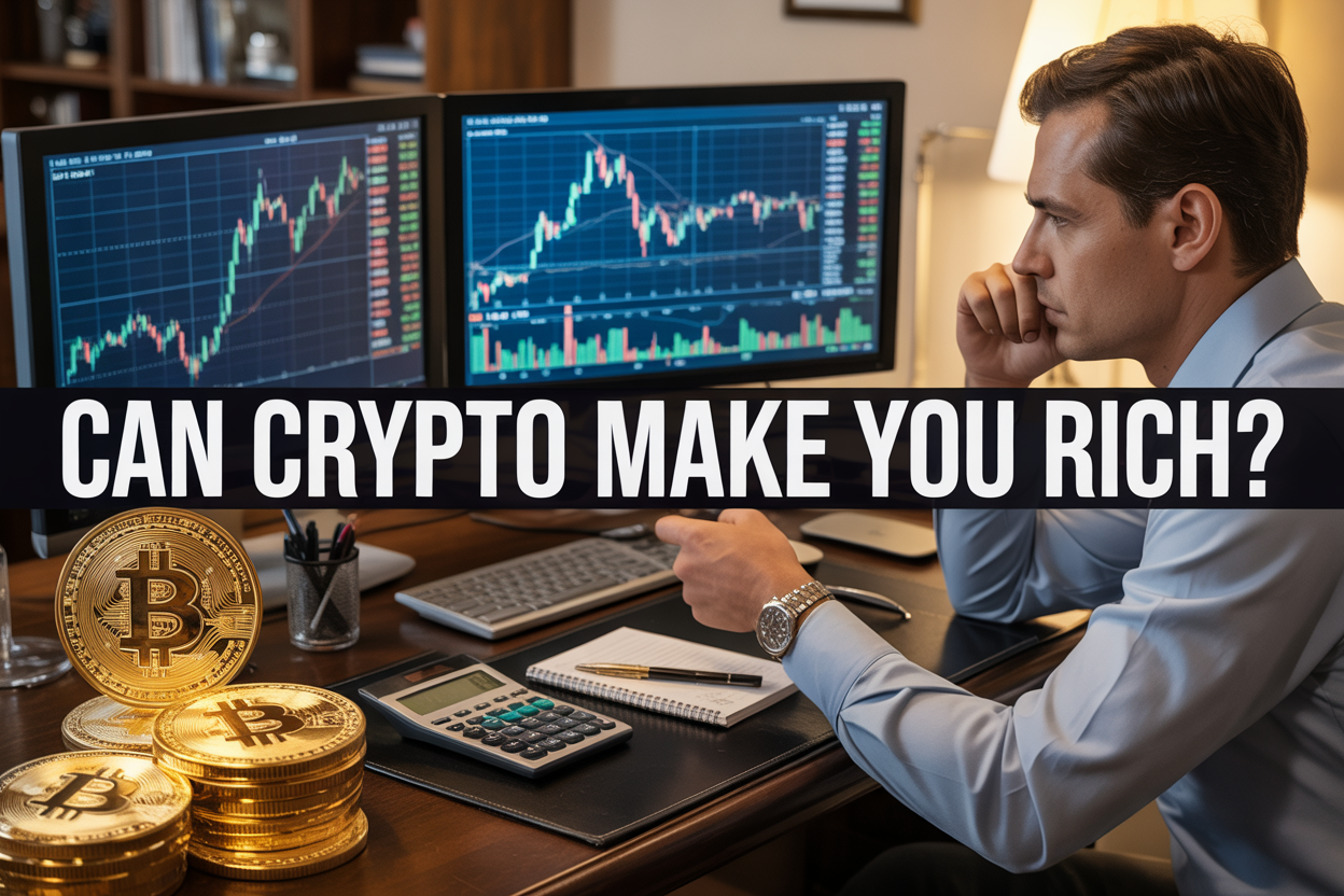 Create a realistic image of a professional trading setup with dual monitors displaying cryptocurrency charts showing Bitcoin and other digital currencies with green and red candlestick patterns, a white male trader in business attire analyzing the screens with focused concentration, golden coins with Bitcoin symbols scattered on a dark wooden desk, a calculator and notepad nearby, warm ambient lighting creating a sophisticated atmosphere, with the text "Can Crypto Make You Rich?" prominently displayed in bold white letters across the top of the image.