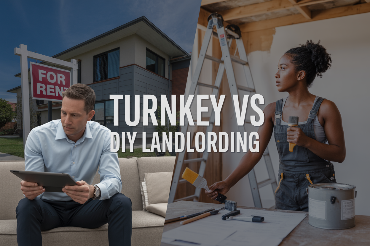 Create a realistic image of a split-screen composition showing two contrasting real estate investment approaches: on the left side, a modern turnkey rental property with a "For Rent" sign and a relaxed white male investor in business casual attire reviewing documents on a tablet while sitting comfortably, and on the right side, a DIY landlord scene with a focused black female in work clothes holding tools and paint supplies while standing next to a property under renovation, with the text "TURNKEY vs DIY LANDLORDING" prominently displayed across the center, warm natural lighting, professional and motivational atmosphere.