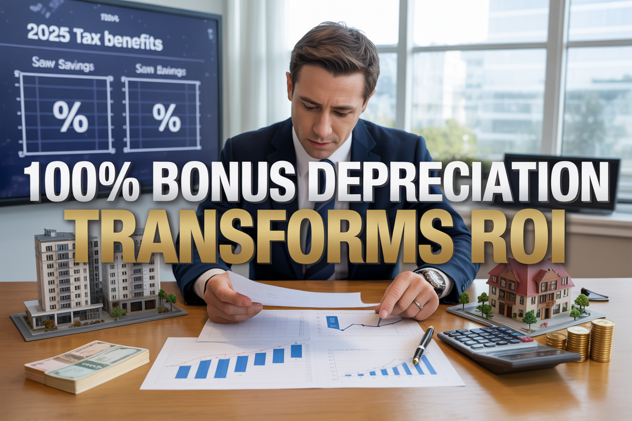 Create a realistic image of a modern office desk scene with a white male professional in business attire reviewing financial documents and charts showing upward trending graphs, surrounded by miniature architectural models of commercial buildings and residential properties, a calculator displaying tax savings figures, stacks of money and gold coins representing ROI growth, with a large wall chart in the background showing "2025 Tax Benefits" and percentage symbols, bright natural lighting from a window, and bold text overlay reading "100% BONUS DEPRECIATION TRANSFORMS ROI" in professional blue and gold colors.