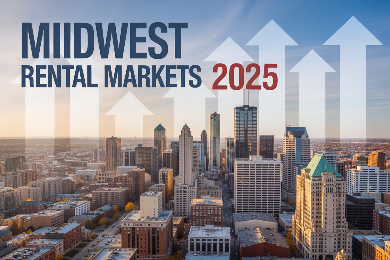 Create a realistic image of a modern skyline composite featuring Kansas City, Indianapolis, and Columbus Ohio cityscapes merged together in a panoramic view, with prominent residential apartment buildings and rental properties in the foreground, golden hour lighting casting warm tones across the urban landscape, subtle upward trending arrow graphics overlaying the sky, and bold text reading "Midwest Rental Markets 2025" positioned in the upper portion of the image, conveying growth and opportunity in the real estate investment sector.