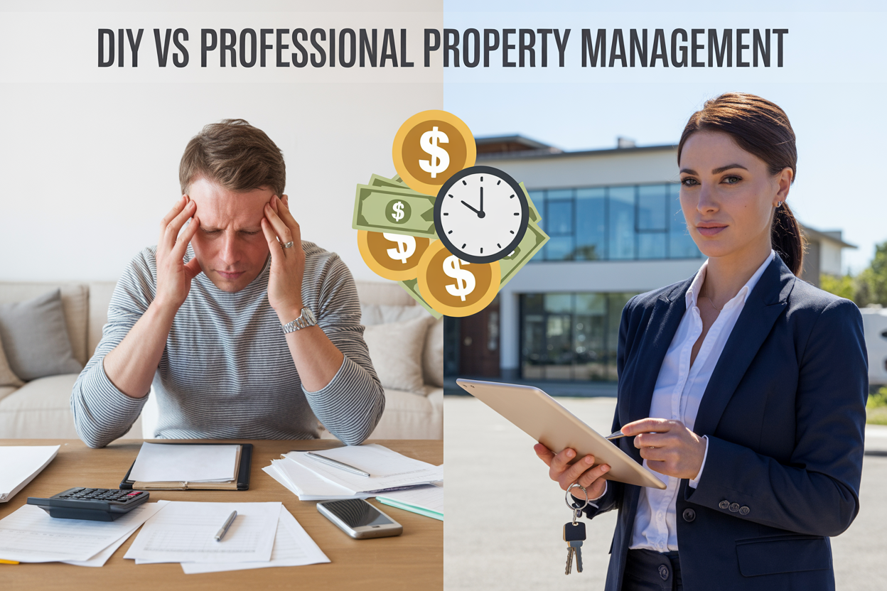 Create a realistic image of a split-screen comparison showing on the left side a stressed white male landlord in casual clothes sitting at a cluttered home office desk with paperwork, calculator, and phone depicting DIY property management, and on the right side a confident white female property manager in professional business attire standing in front of a modern office building holding a tablet and keys, with a subtle overlay of dollar signs and clock icons floating between both sides, bright natural lighting, and the text "DIY vs Professional Property Management" prominently displayed at the top of the image.