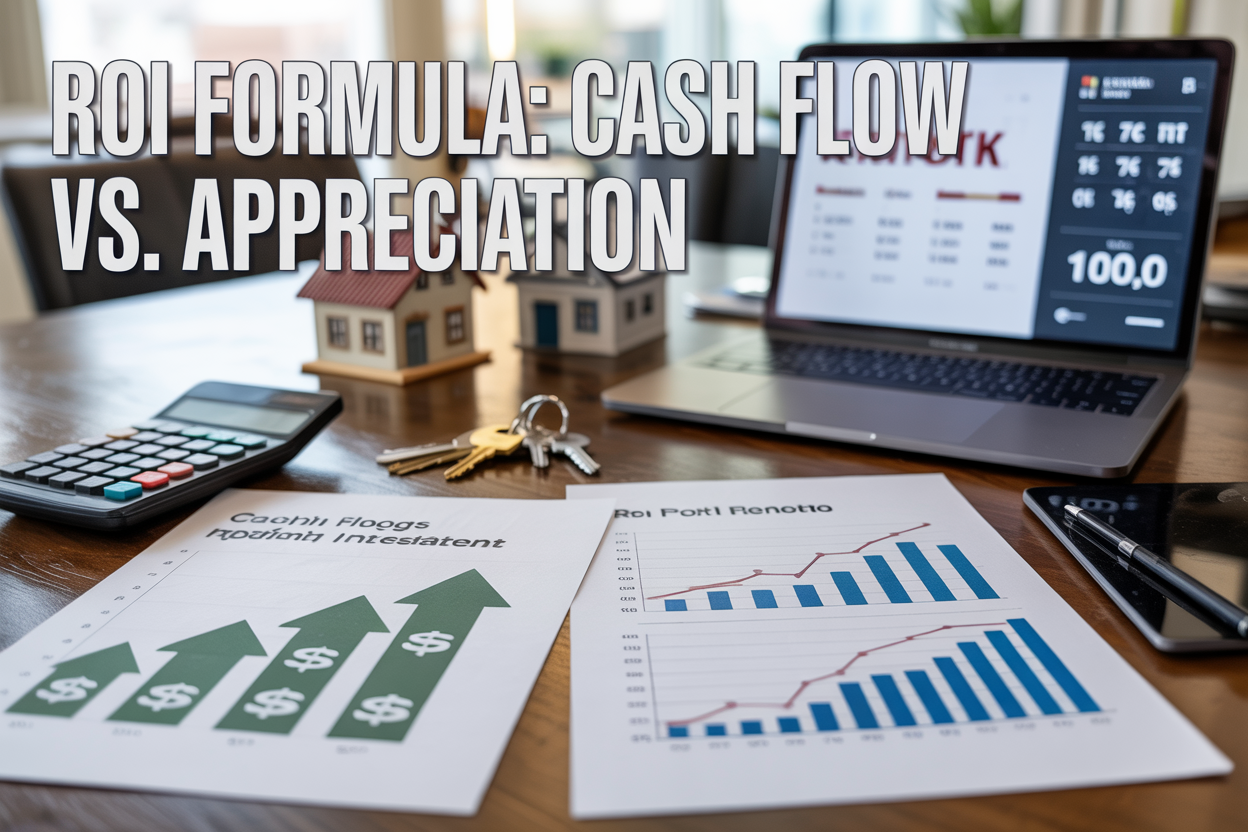 Create a realistic image of a modern office desk scene with financial documents, calculators, and real estate investment charts spread across a dark wooden surface, featuring two distinct visual sections - one showing cash flow charts with green upward arrows and monthly dollar symbols, and another displaying property appreciation graphs with blue trending lines, include a sleek laptop displaying a ROI calculator interface, add scattered house miniature models and keys, place the text "ROI Formula: Cash Flow vs. Appreciation" prominently across the top in bold white letters, use warm professional lighting with a subtle depth of field effect focusing on the financial documents in the foreground.