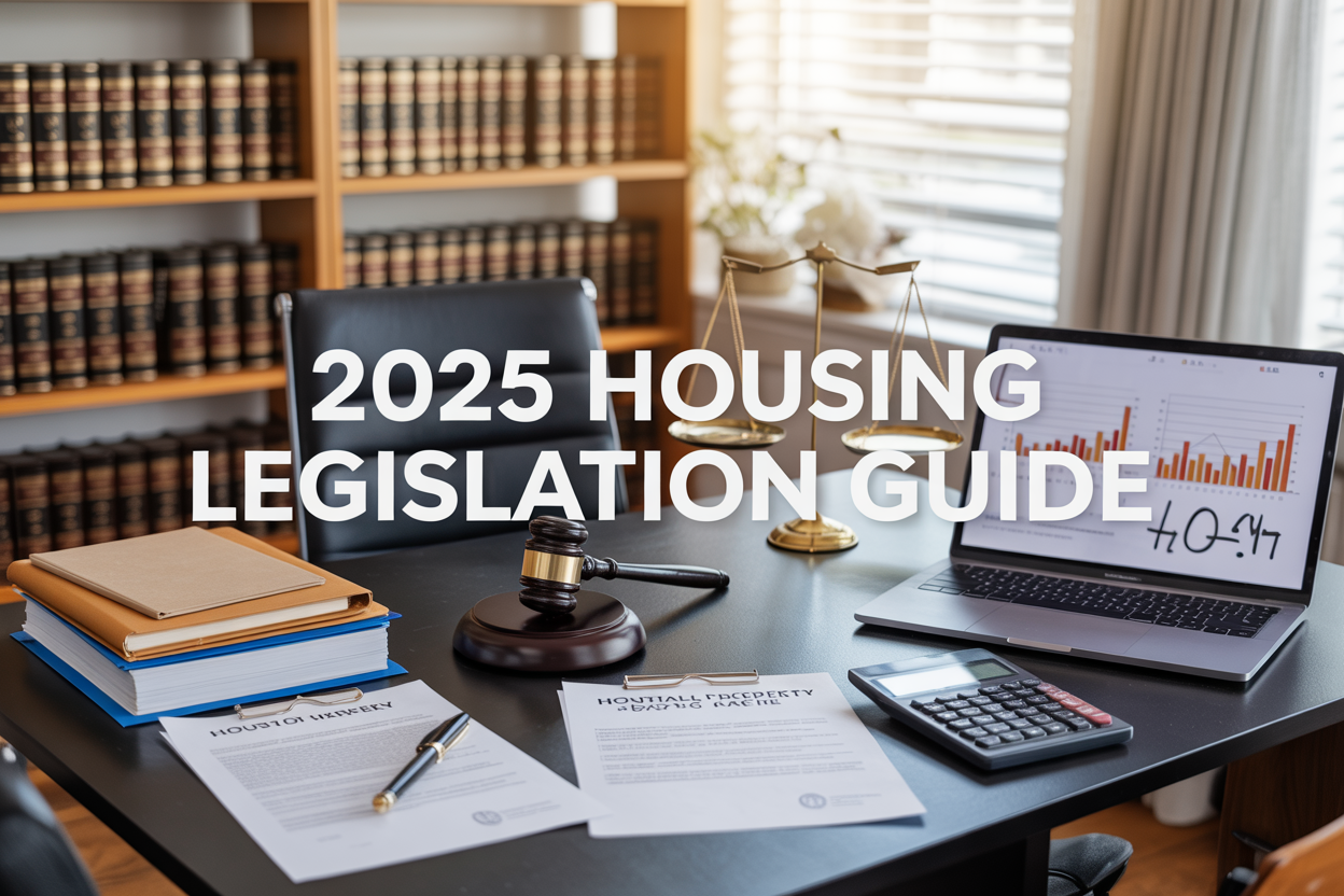 Create a realistic image of a modern office desk with legal documents, housing legislation papers, and rental property contracts spread across the surface, alongside a laptop displaying housing market graphs, a calculator, and a gavel symbolizing legal changes, with a professional background showing blurred bookshelves filled with law books, warm natural lighting from a window, and the text "2025 Housing Legislation Guide" prominently displayed in bold, professional font overlaying the scene.