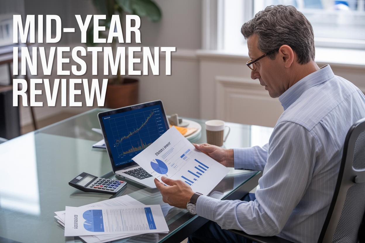 Create a realistic image of a professional white male investor in his 40s sitting at a modern desk reviewing financial documents and charts on a laptop screen, with printed investment reports, a calculator, and a coffee cup nearby, against a clean office background with natural lighting from a window, displaying upward trending graphs on the screen, with the text "Mid-Year Investment Review" prominently displayed at the top of the image in bold, professional font.