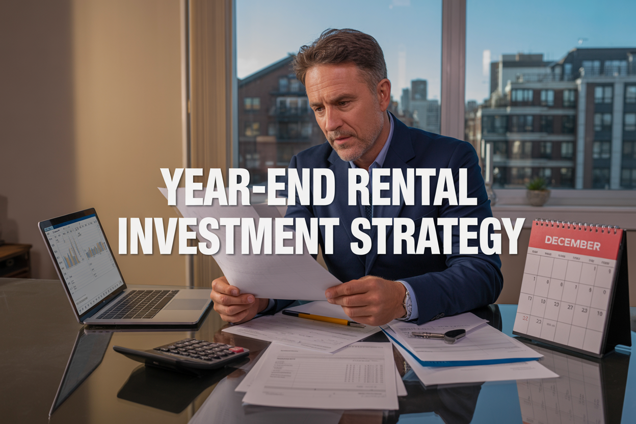 Create a realistic image of a professional white male investor in his 40s sitting at a modern desk reviewing financial documents and property reports, with a laptop displaying property analytics, a calculator, tax forms, and a calendar showing December dates scattered on the desk, warm office lighting creating a focused work atmosphere, city skyline with residential buildings visible through a window in the background, and overlay text reading "Year-End Rental Investment Strategy" in bold professional font.