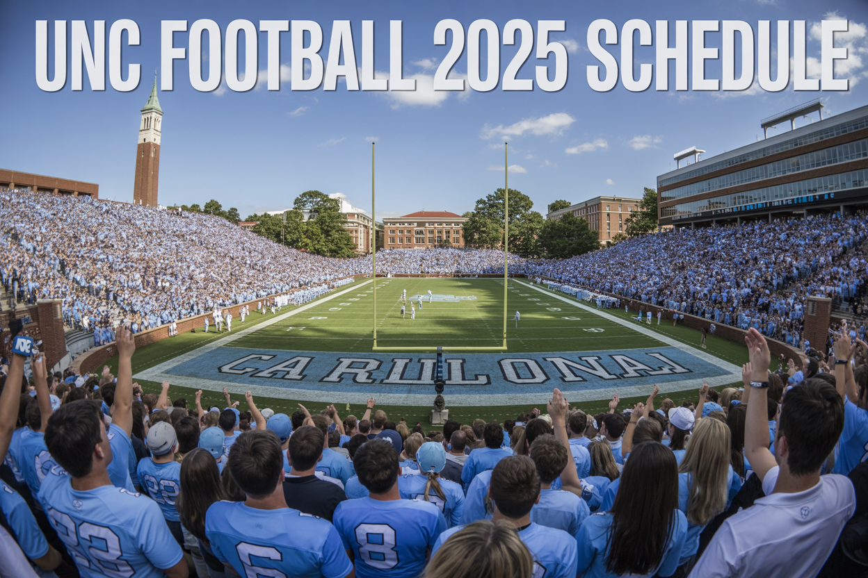 Create a realistic image of Kenan Memorial Stadium at the University of North Carolina filled with cheering fans wearing Carolina blue and white, featuring the iconic bell tower in the background, with football players in UNC Tar Heels uniforms on the field during a sunny afternoon game, and overlay text reading "UNC FOOTBALL 2025 SCHEDULE" in bold white letters across the top portion of the image.
