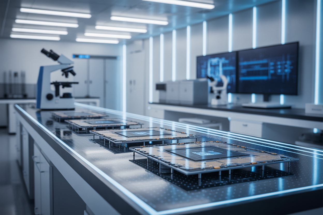 Create a realistic image of a futuristic Chinese semiconductor laboratory with advanced 6G microchips displayed on illuminated workbenches, featuring sleek metallic chip components with intricate circuit patterns, modern LED lighting casting a blue-white glow, high-tech equipment and microscopes in the background, clean white laboratory environment with glass surfaces and digital displays showing technological data, emphasizing the cutting-edge nature of 6G chip technology development, absolutely NO text should be in the scene.