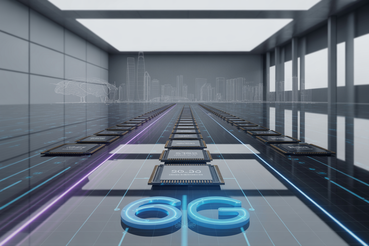 Create a realistic image of a futuristic digital roadmap visualization showing China's 6G development timeline leading to 2025, featuring a sleek holographic display with interconnected network nodes, advanced semiconductor chips floating in mid-air, glowing blue and purple technological pathways, modern Chinese cityscape silhouette in the background, clean minimalist tech laboratory environment with soft ambient lighting, and subtle Chinese architectural elements integrated into the futuristic setting, absolutely NO text should be in the scene.