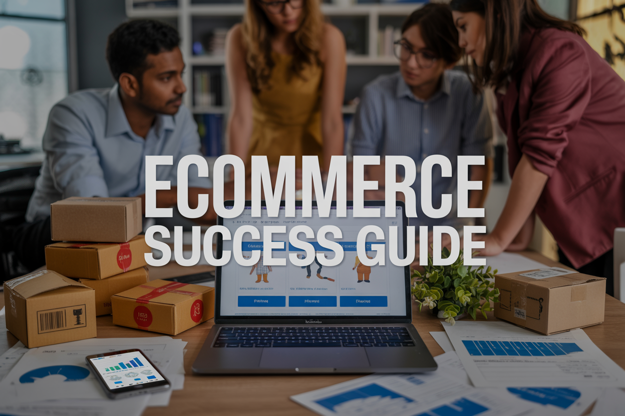 Create a realistic image of a modern office workspace with a laptop displaying an ecommerce website interface, surrounded by small product boxes, shipping packages, a smartphone showing analytics graphs, and scattered business documents, with a diverse group including a South Asian male and white female entrepreneurs working collaboratively in the background, warm professional lighting, and bold text overlay reading "Ecommerce Success Guide" in a modern sans-serif font.
