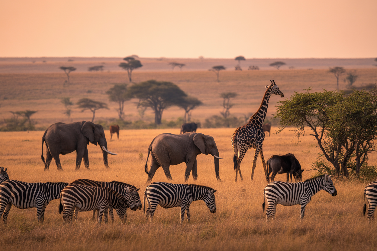 Create a realistic image of a vast African savanna landscape during golden hour featuring iconic herbivores including a herd of zebras grazing in the foreground, majestic elephants walking in the middle distance, graceful giraffes stretching their necks to feed from acacia trees, and distant wildebeest scattered across the grassland, with the warm orange sunset light casting long shadows across the expansive plains dotted with scattered acacia trees under a clear sky, showcasing the natural beauty and diversity of Kenyan wildlife in their pristine habitat, absolutely NO text should be in the scene.