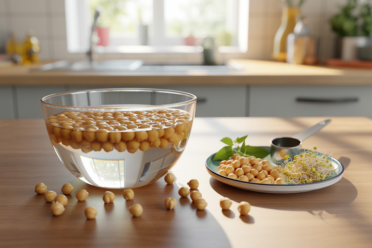 Create a realistic image of soaked chickpeas (chana) in a clear glass bowl filled with water, with some chickpeas scattered around the bowl on a clean wooden kitchen counter, alongside a small plate showing the nutritional breakdown with fresh chickpeas, sprouted chickpeas, and a measuring spoon, natural morning sunlight streaming through a nearby window creating soft shadows, clean and minimalist kitchen background with white tiles, emphasizing the health and nutrition aspect with vibrant colors and fresh appearance, absolutely NO text should be in the scene.