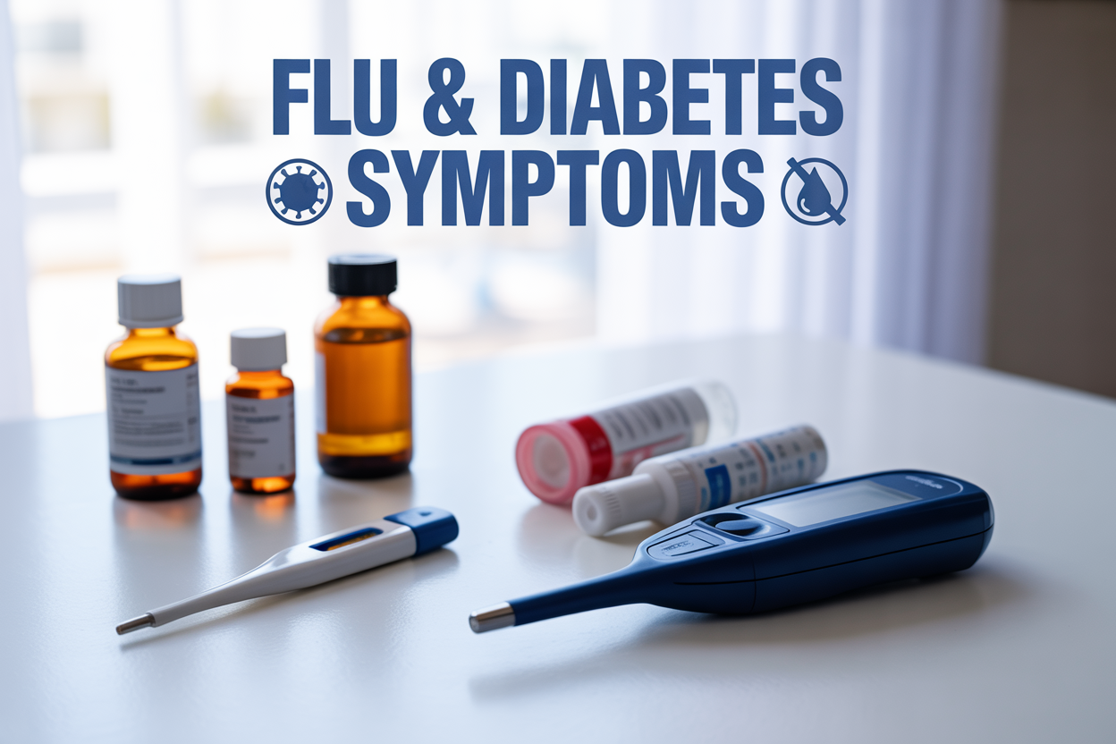 Create a realistic image of a split-screen composition showing flu and diabetes symptoms with a thermometer, blood glucose meter, and medicine bottles on a clean white medical surface, soft natural lighting from the left, with the text "Flu & Diabetes Symptoms" prominently displayed at the top in bold blue medical font, including subtle icons of a virus and blood drop to represent both conditions, maintaining a professional healthcare aesthetic with a calm, informative mood.