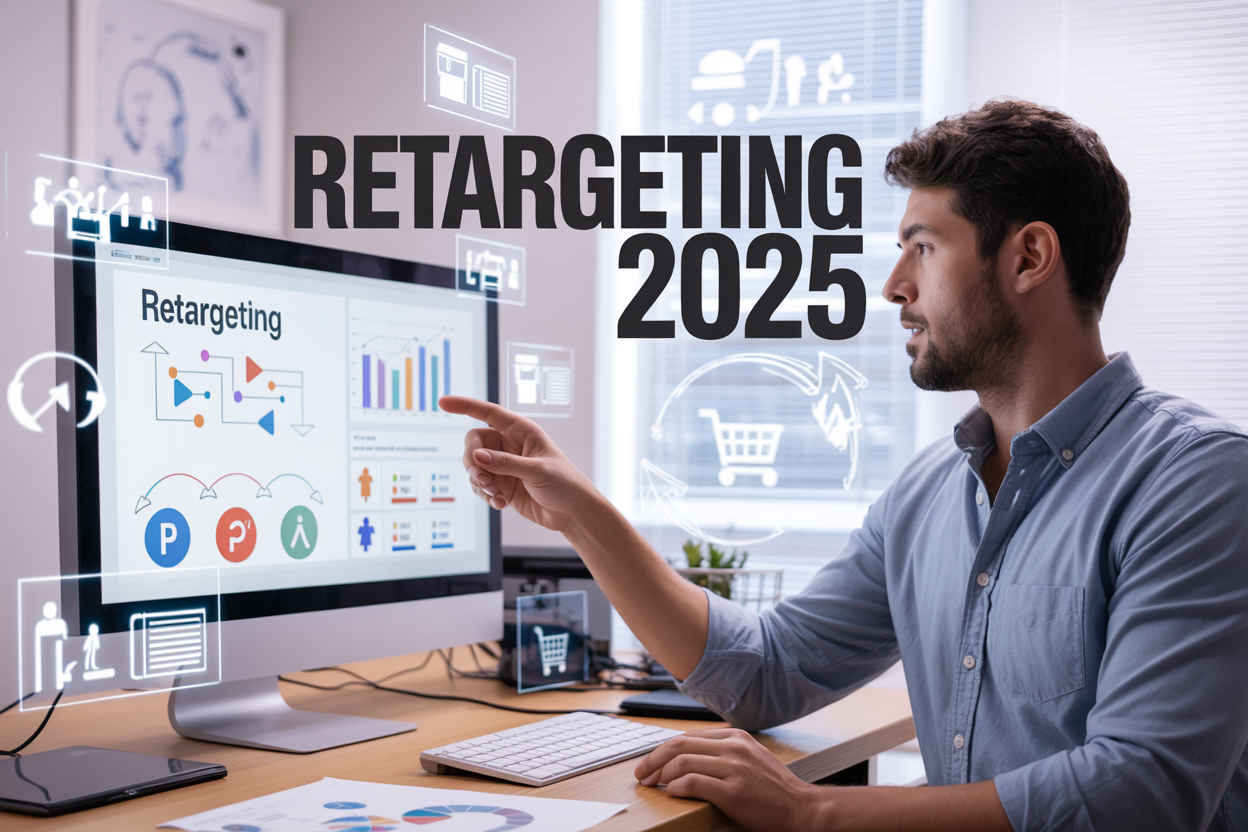 Create a realistic image of a modern digital marketing workspace featuring a large computer monitor displaying a retargeting campaign dashboard with colorful analytics graphs, pixel tracking icons, and customer journey flowcharts, alongside a white male marketer in his 30s wearing a casual button-down shirt pointing at the screen, with floating holographic elements showing shopping cart icons, website cookies symbols, and reconnection arrows around the workspace, bright office lighting with a clean white and blue color scheme, and bold text overlay reading "RETARGETING 2025" positioned prominently in the upper portion of the image.