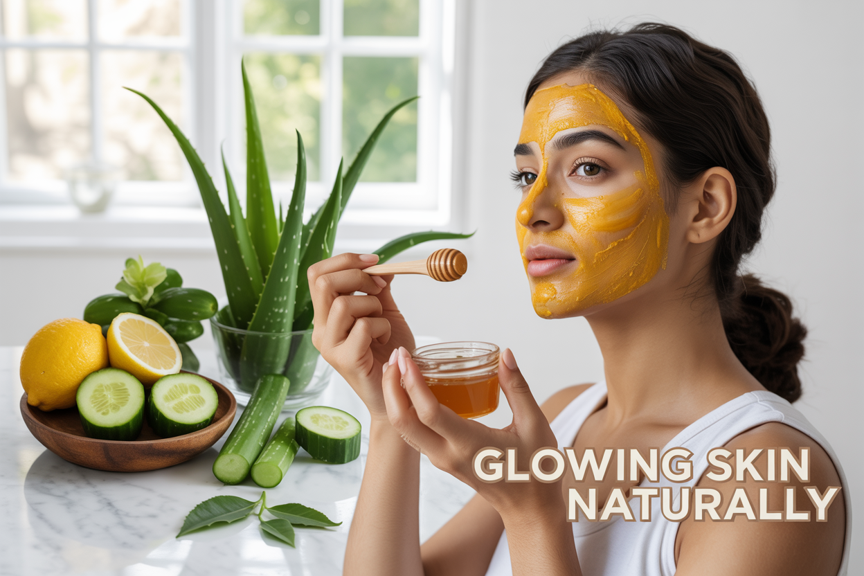 Create a realistic image of a young South Asian female with naturally glowing, radiant skin applying a natural face mask made of turmeric and honey, surrounded by fresh ingredients like lemons, cucumbers, aloe vera, and green tea leaves on a clean white marble surface, with soft natural lighting from a window creating a fresh and healthy atmosphere, include the text "Glowing Skin Naturally" in elegant golden letters overlaid on the image.