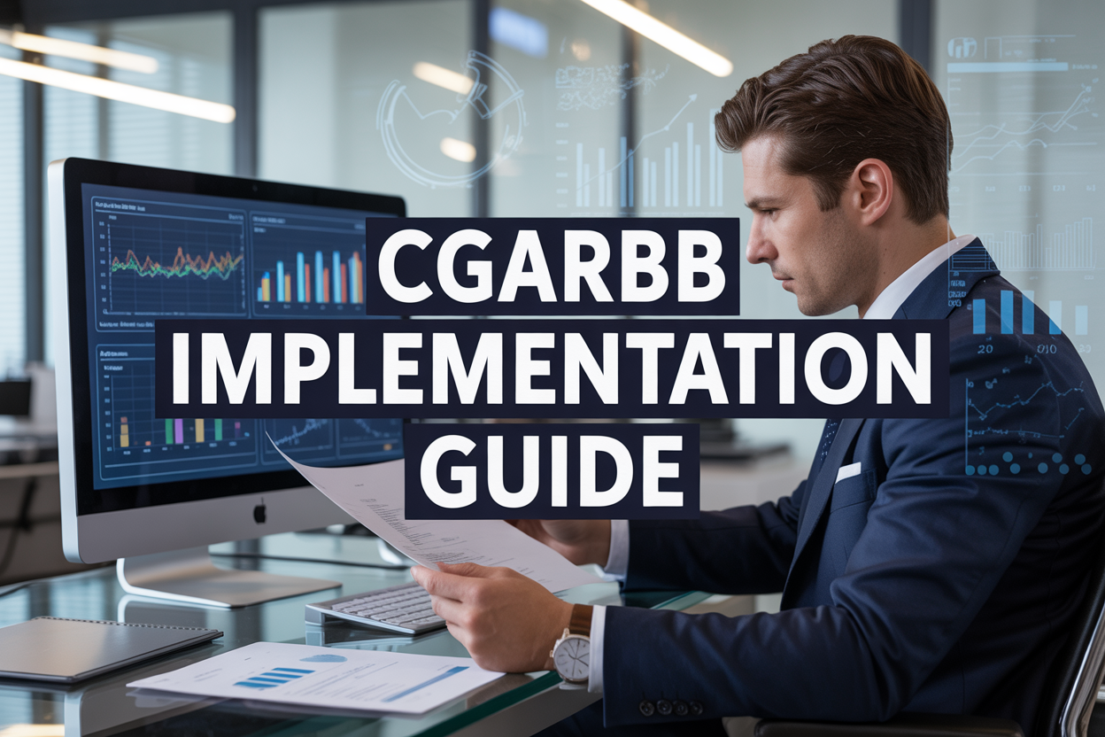 Create a realistic image of a modern professional workspace with a sleek computer monitor displaying colorful data analytics charts and graphs, a white male business professional in a suit analyzing documents at a clean desk, digital dashboard elements floating in the background, bright office lighting with a minimalist tech-forward atmosphere, and bold text overlay reading "CGARBB Implementation Guide" in modern sans-serif font.