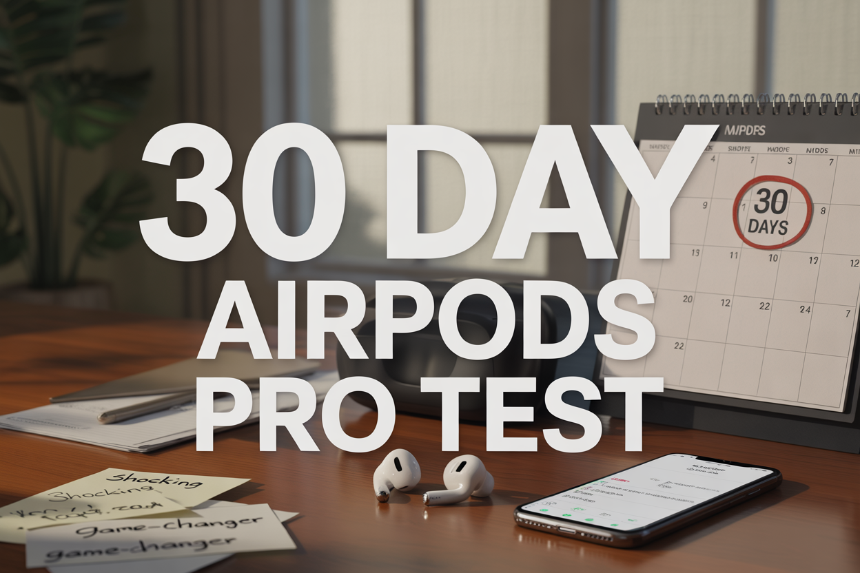 Create a realistic image of AirPods Pro 3 earbuds positioned prominently on a modern wooden desk with a smartphone displaying usage stats, a calendar marked with "30 DAYS" circled in red, scattered notes with words like "SHOCKING" and "GAME-CHANGER" visible, soft natural lighting from a window creating gentle shadows, and bold text overlay reading "30 DAY AIRPODS PRO TEST" in white letters with a subtle drop shadow against the scene.