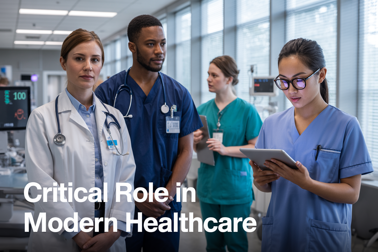 Create a realistic image of a diverse group of healthcare professionals including a white female doctor in a white coat with stethoscope, a black male nurse in scrubs, and an Asian female healthcare technician working with a tablet, standing in a modern hospital corridor with large windows providing natural lighting, medical equipment and digital monitors visible in the background, professional and collaborative atmosphere, with the text "Critical Role in Modern Healthcare" prominently displayed as an overlay.