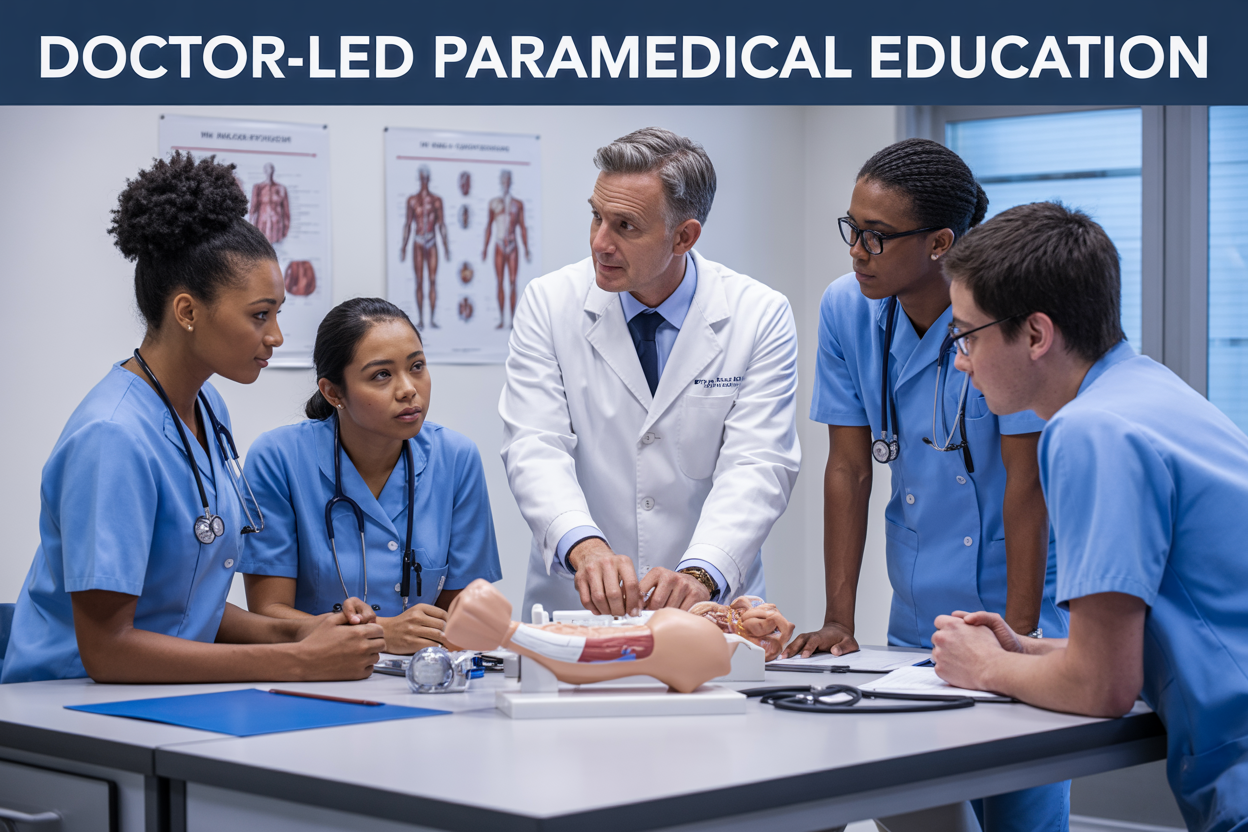 Create a realistic image of a professional medical education setting with a white male doctor in a white coat teaching a diverse group of paramedical students (including a black female student and an Asian male student) gathered around a modern medical training table with anatomical models, stethoscopes, and medical equipment, set in a bright, well-lit medical classroom with medical charts on the walls, conveying a collaborative and educational atmosphere, with the text "Doctor-Led Paramedical Education" prominently displayed at the top of the image.