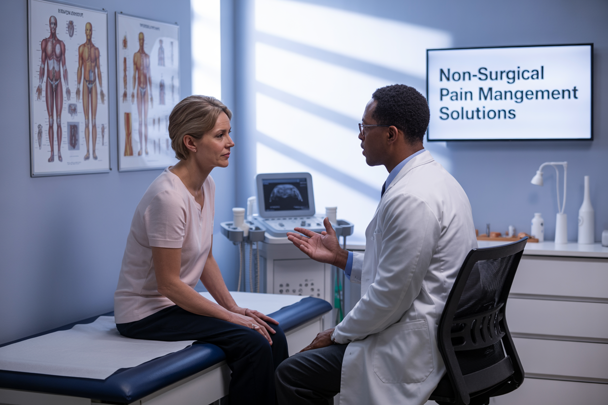 Create a realistic image of a peaceful medical consultation room with a middle-aged white female patient sitting comfortably on an examination table while a professional black male healthcare provider in a white coat explains treatment options using anatomical charts and models on the wall, with soft natural lighting from a window creating a calm and reassuring atmosphere, medical equipment like ultrasound therapy devices and exercise tools visible in the background, and the text "Non-Surgical Pain Management Solutions" prominently displayed on a modern digital screen or wall poster within the scene.