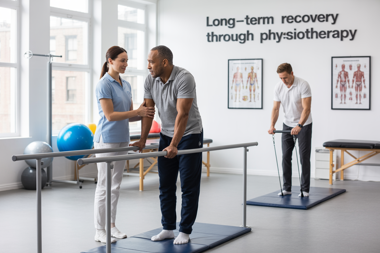Create a realistic image of a bright, modern physiotherapy clinic with a white female physiotherapist assisting a middle-aged black male patient during a rehabilitation exercise using parallel bars, while a white male patient works with resistance bands in the background, featuring medical equipment like exercise balls and therapy tables, with large windows providing natural lighting, clean white walls with anatomical charts, and the text "Long-term Recovery Through Physiotherapy" displayed prominently on the wall, conveying a professional, hopeful, and healing atmosphere.