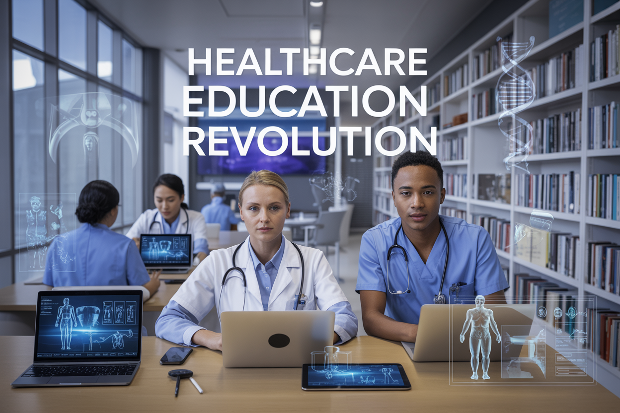 Create a realistic image of a diverse group of healthcare professionals including a white female doctor in a lab coat, a black male nurse in scrubs, and an Asian female medical student, all sitting at modern workstations with laptops and tablets displaying medical education content, surrounded by digital interfaces showing anatomical diagrams, medical charts, and online learning platforms, set in a contemporary medical library or learning center with floor-to-ceiling windows providing natural lighting, bookshelves filled with medical textbooks, and digital screens mounted on walls, with floating holographic medical symbols and DNA helixes subtly integrated into the background, creating an atmosphere of innovation and continuous learning, with the text "Healthcare Education Revolution" prominently displayed as a sleek, modern overlay in the upper portion of the image.