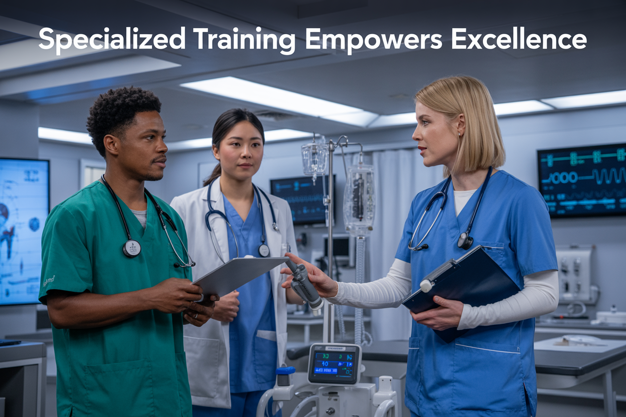 Create a realistic image of a diverse group of healthcare professionals in a modern medical training facility, featuring a white female doctor in scrubs demonstrating advanced medical equipment to a black male nurse and an Asian female physician, with high-tech medical devices, digital screens displaying medical data, and training materials visible in the background, bright professional lighting illuminating the scene, with the text "Specialized Training Empowers Excellence" prominently displayed at the top of the image in clean, modern font.