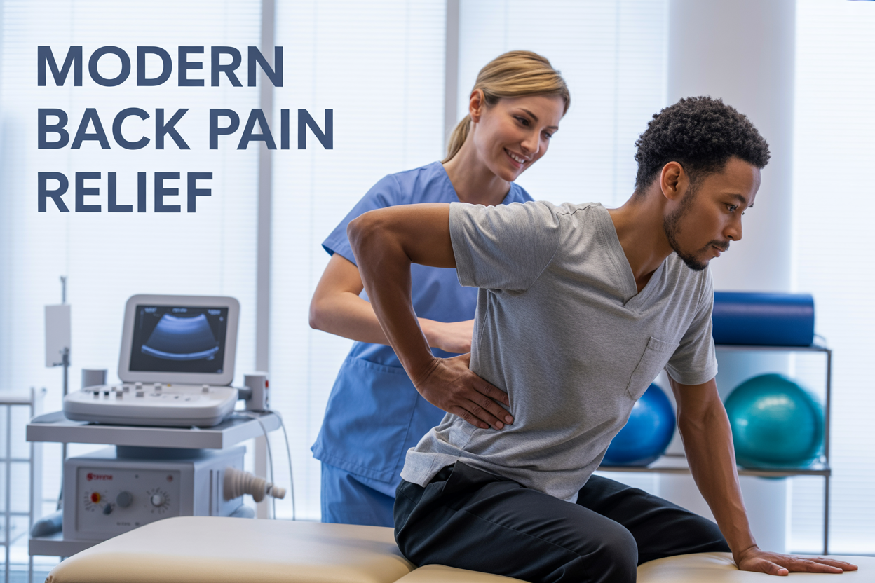 Create a realistic image of a professional physiotherapy clinic scene featuring a white female physiotherapist in scrubs helping a diverse male patient (black) who is lying on a treatment table performing a lower back exercise, with modern medical equipment including ultrasound therapy device and exercise balls visible in the background, bright clinical lighting with large windows, clean white and blue color scheme, both people appearing focused and optimistic, with text overlay reading "Modern Back Pain Relief" in professional sans-serif font positioned in the upper left corner.
