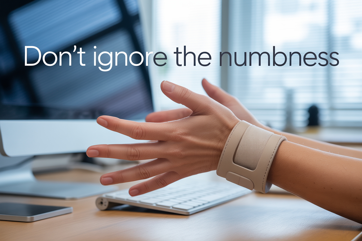 Create a realistic image of a close-up view of human hands positioned over a computer keyboard, with one hand showing visible signs of discomfort - fingers slightly curled and wrist bent at an awkward angle, while the other hand wears a beige wrist support brace, set against a modern office desk background with soft natural lighting from a window, and include the text "Don't Ignore the Numbness" overlaid in clean, professional typography in the upper portion of the image.