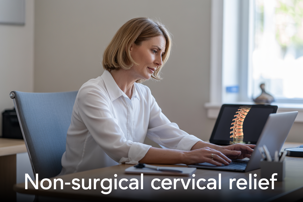 Create a realistic image of a middle-aged white female sitting at a modern ergonomic desk demonstrating proper posture while working on a laptop, with a subtle anatomical diagram of the cervical spine visible on a tablet beside her, soft natural lighting from a window creating a calm healthcare or wellness office environment, with the text "Non-Surgical Cervical Relief" overlaid in clean, professional typography at the bottom of the image.