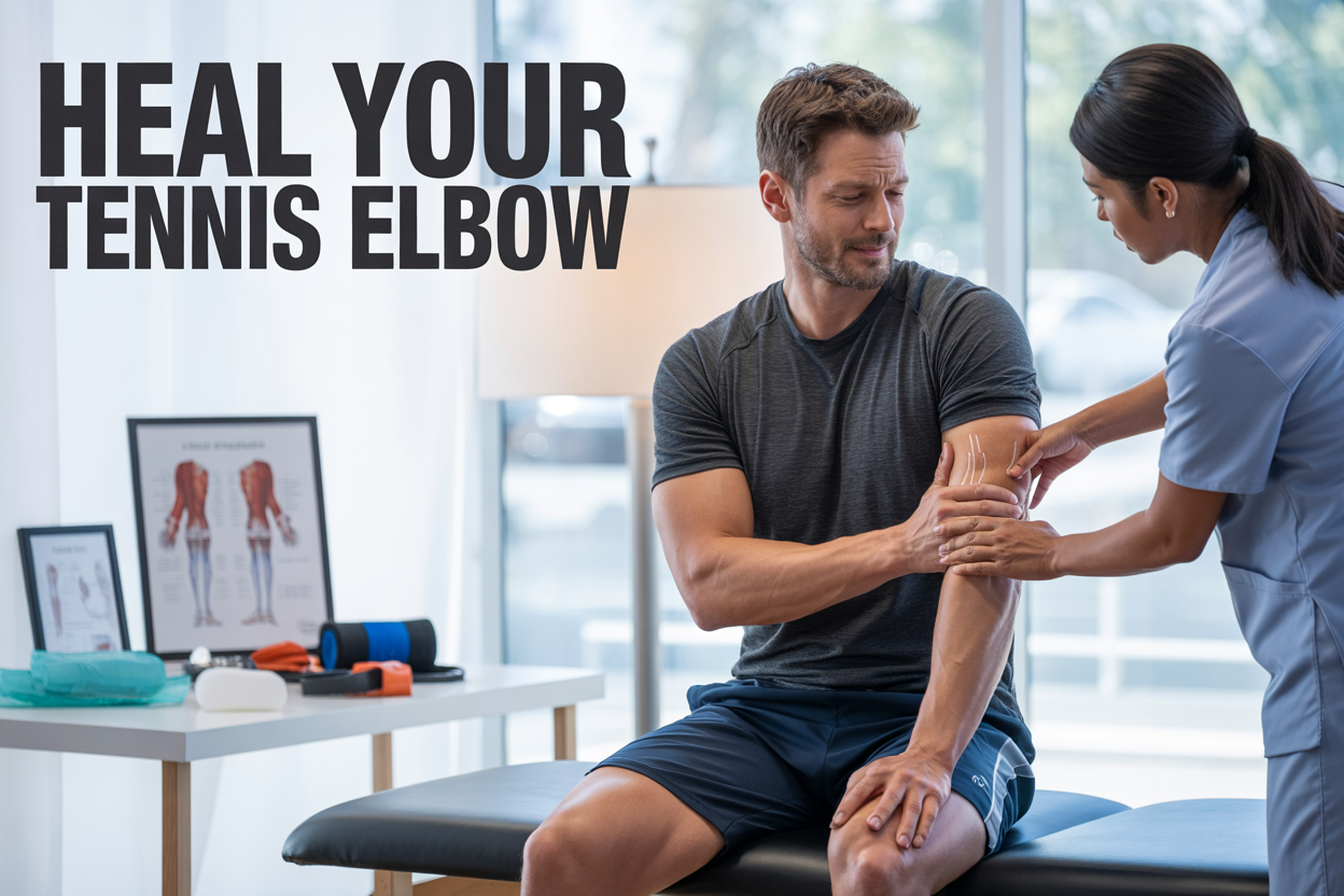 Create a realistic image of a white male athlete in his 30s sitting on a modern physical therapy table, gently holding his elbow with a slight expression of discomfort, while a female Asian physical therapist in scrubs demonstrates a therapeutic exercise technique, with medical equipment including resistance bands, ice packs, and anatomical elbow diagrams visible on a clean white table nearby, set in a bright, professional medical clinic with natural lighting streaming through windows, featuring the text "HEAL YOUR TENNIS ELBOW" prominently displayed in bold, modern font at the top of the image.