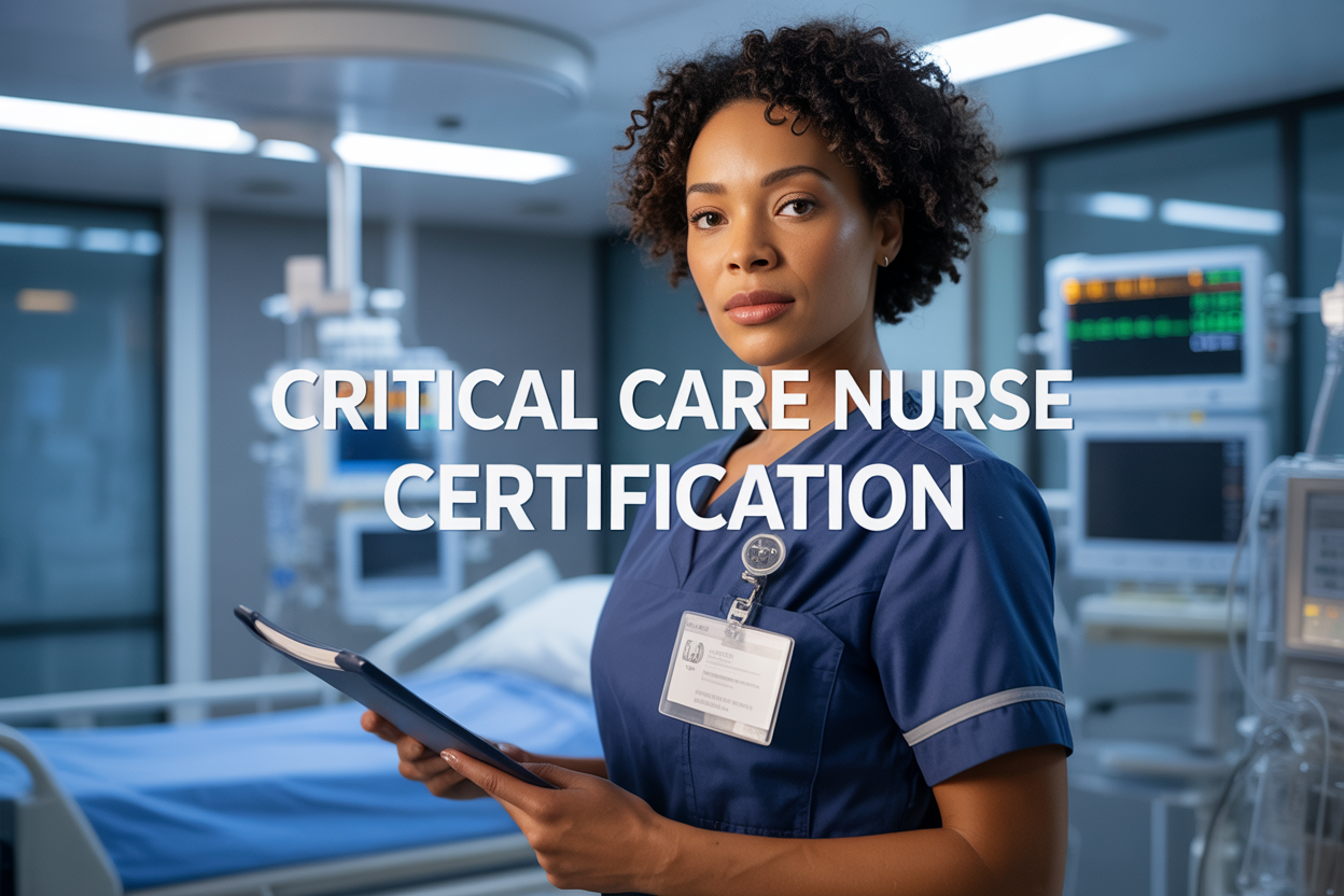 Create a realistic image of a confident African American female nurse in navy blue scrubs standing in a modern ICU setting with medical monitors and equipment visible in the background, holding a professional certification document or tablet, with soft clinical lighting creating a professional atmosphere, and the text "Critical Care Nurse Certification" prominently displayed in clean, modern font overlay on the image.