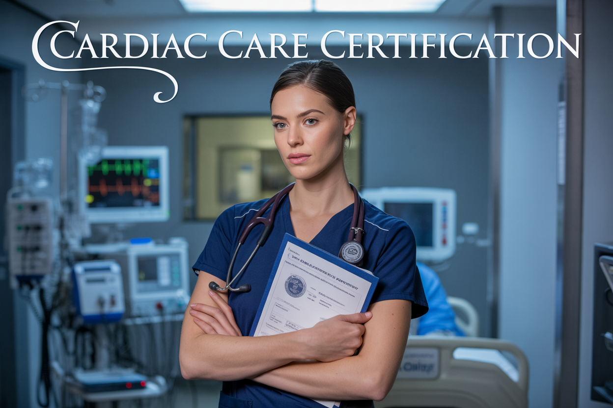 Create a realistic image of a confident female white cardiac care nurse in navy blue scrubs with a stethoscope around her neck, standing in a modern hospital cardiac unit with heart monitors and medical equipment in the background, holding a certification document, with soft professional lighting and the text "Cardiac Care Certification" prominently displayed in elegant white lettering across the top of the image.