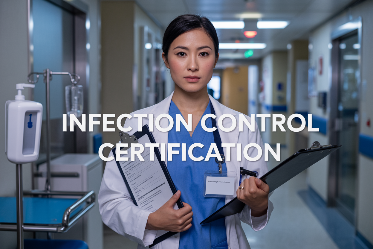 Create a realistic image of a professional hospital setting showing a confident female Asian infection control nurse in scrubs and a white lab coat holding a clipboard and certification document, standing in a modern hospital corridor with medical equipment and hand sanitizer stations visible, soft professional lighting illuminating the clean medical environment, with the text "Infection Control Certification" prominently displayed as an overlay, conveying a mood of medical expertise and healthcare leadership.