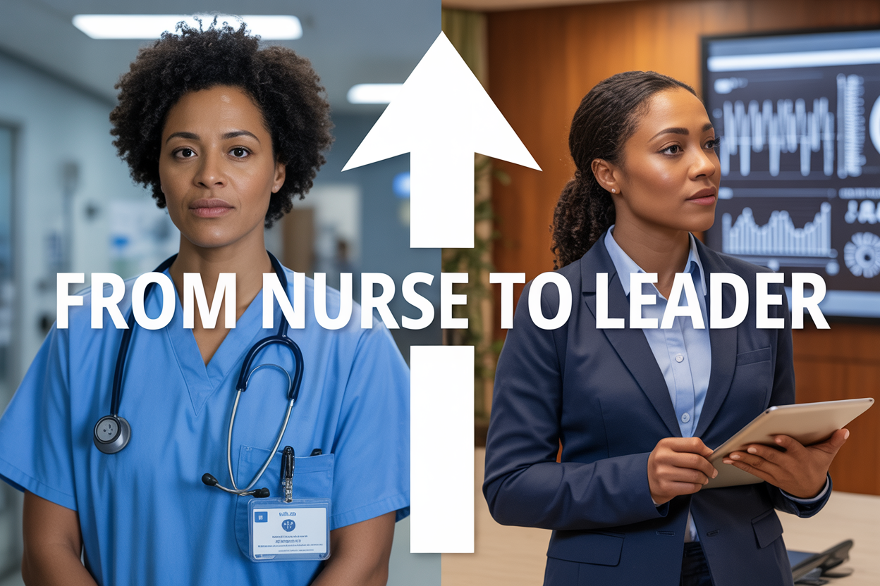 Create a realistic image of a professional African American female nurse in scrubs transitioning into a leadership role, shown in a split-screen composition where the left side displays her in clinical scrubs with a stethoscope in a hospital setting, and the right side shows her in business attire holding a tablet in a modern boardroom with healthcare charts on the wall, connected by an upward arrow symbolizing career progression, with warm professional lighting and the text "From Nurse to Leader" prominently displayed across the center of the image.