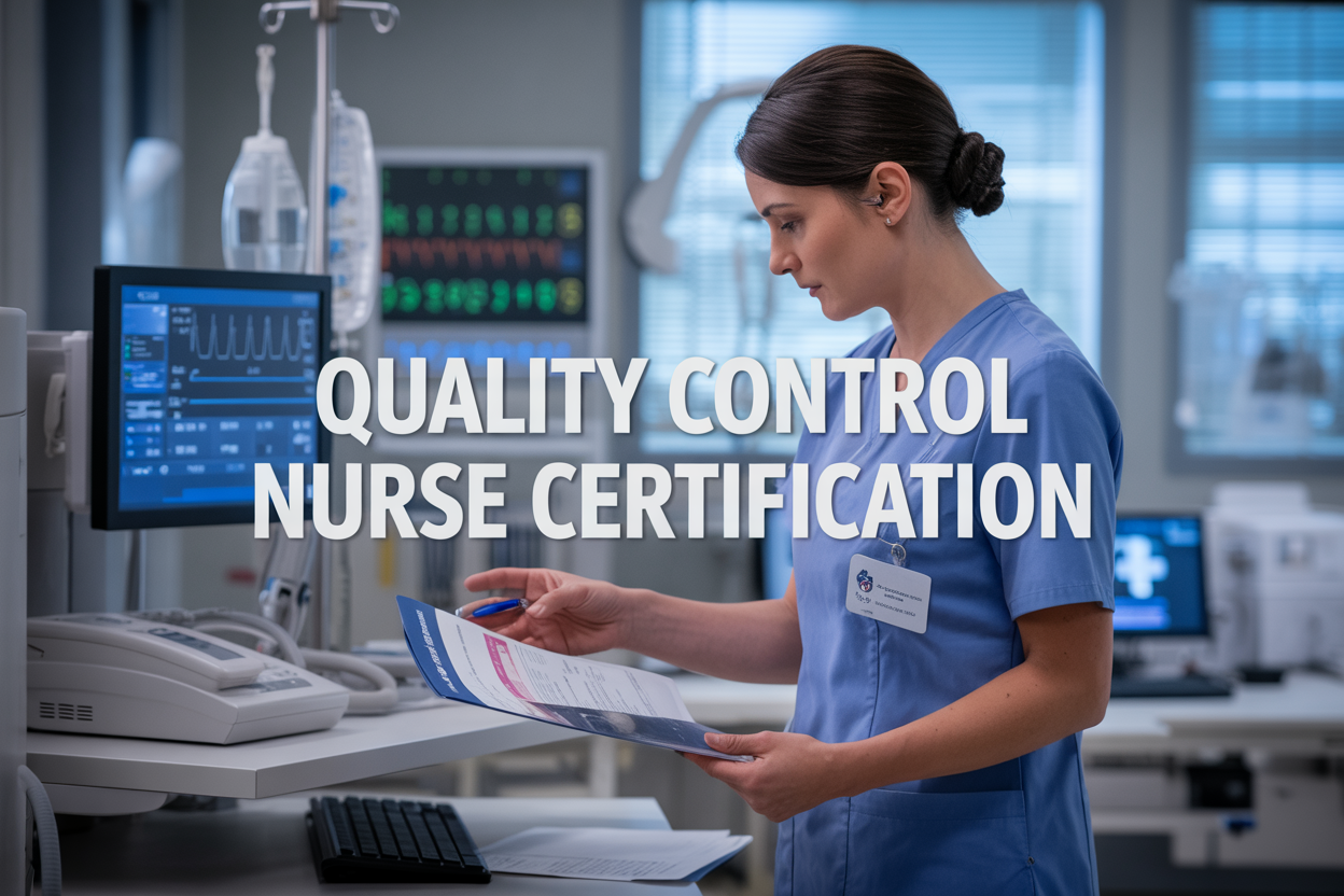 Create a realistic image of a professional healthcare setting showing a white female nurse in scrubs reviewing quality control documents and charts at a modern hospital workstation, with medical equipment and computer monitors displaying healthcare data in the background, complemented by a clean, well-lit clinical environment with soft natural lighting from windows, conveying a sense of professionalism and dedication to patient safety, with the text "Quality Control Nurse Certification" prominently displayed as an overlay on the image.