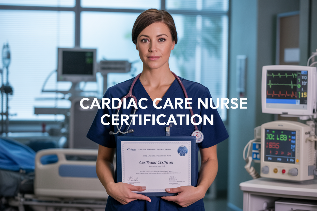 Create a realistic image of a professional white female nurse in navy blue scrubs wearing a stethoscope around her neck, standing confidently in a modern hospital cardiac care unit with heart monitors and medical equipment visible in the background, holding a certification certificate in her hands, with soft natural lighting from large windows, and the text "Cardiac Care Nurse Certification" prominently displayed in clean, professional font overlay on the image.