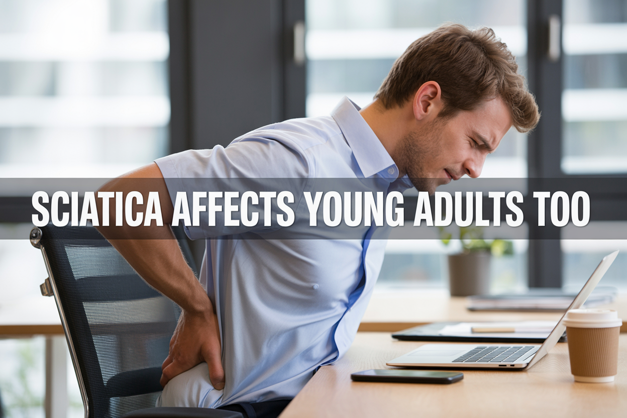 Create a realistic image of a young white male adult in his mid-twenties sitting at a modern office desk, holding his lower back in discomfort while looking at a laptop, with his face showing mild pain expression, surrounded by elements representing modern lifestyle including a smartphone, coffee cup, and ergonomic office chair, set in a bright contemporary workspace with natural lighting from a window, overlaid with bold text reading "Sciatica Affects Young Adults Too" in clean, professional font across the top portion of the image.