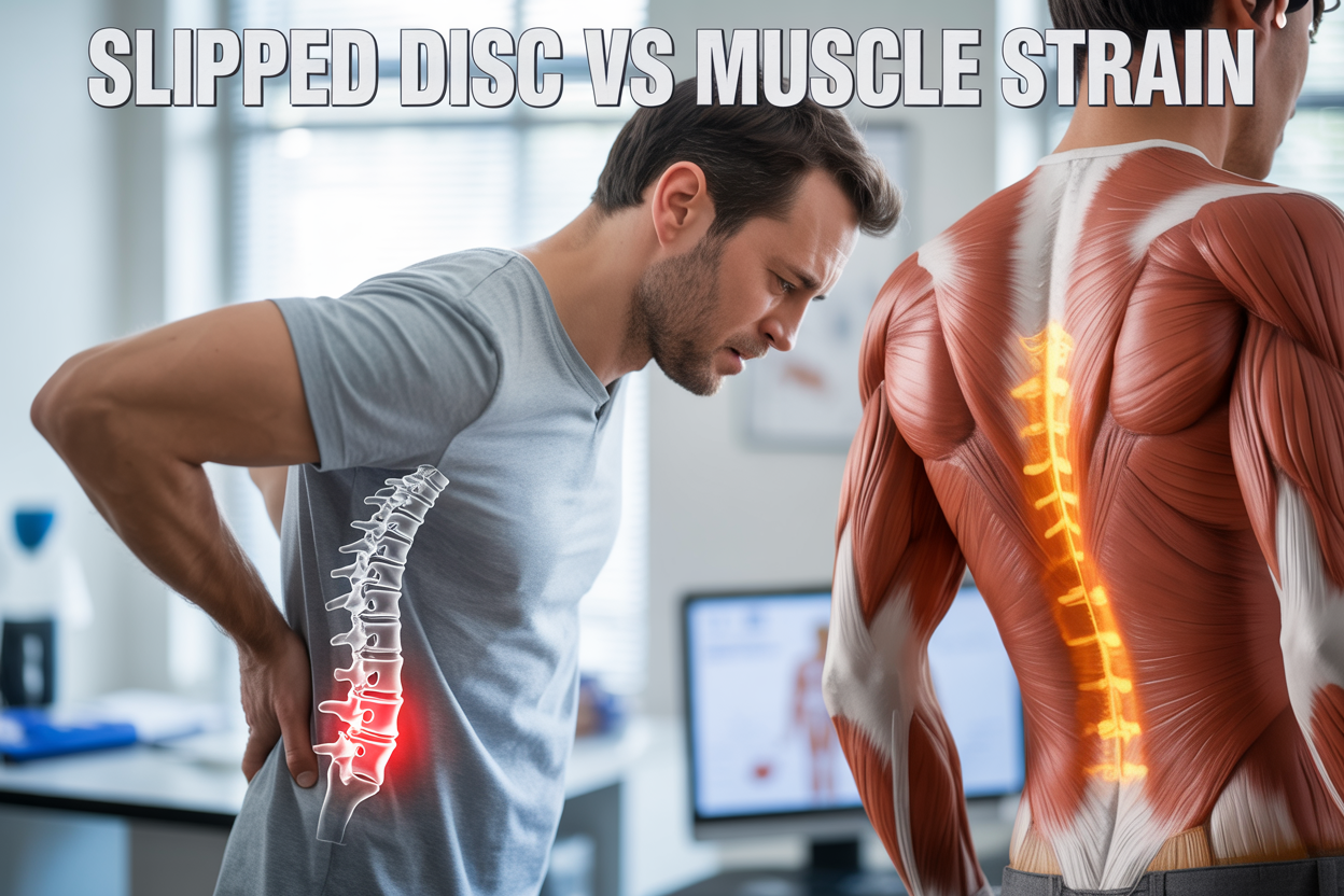 Create a realistic image of a split-screen composition showing a white male in his 30s touching his lower back with a concerned expression, with the left side displaying a spine diagram highlighting a herniated disc in red, and the right side showing muscle anatomy with strained back muscles highlighted in orange, set against a clean medical office background with soft natural lighting, including the text "Slipped Disc vs Muscle Strain" prominently displayed at the top of the image.