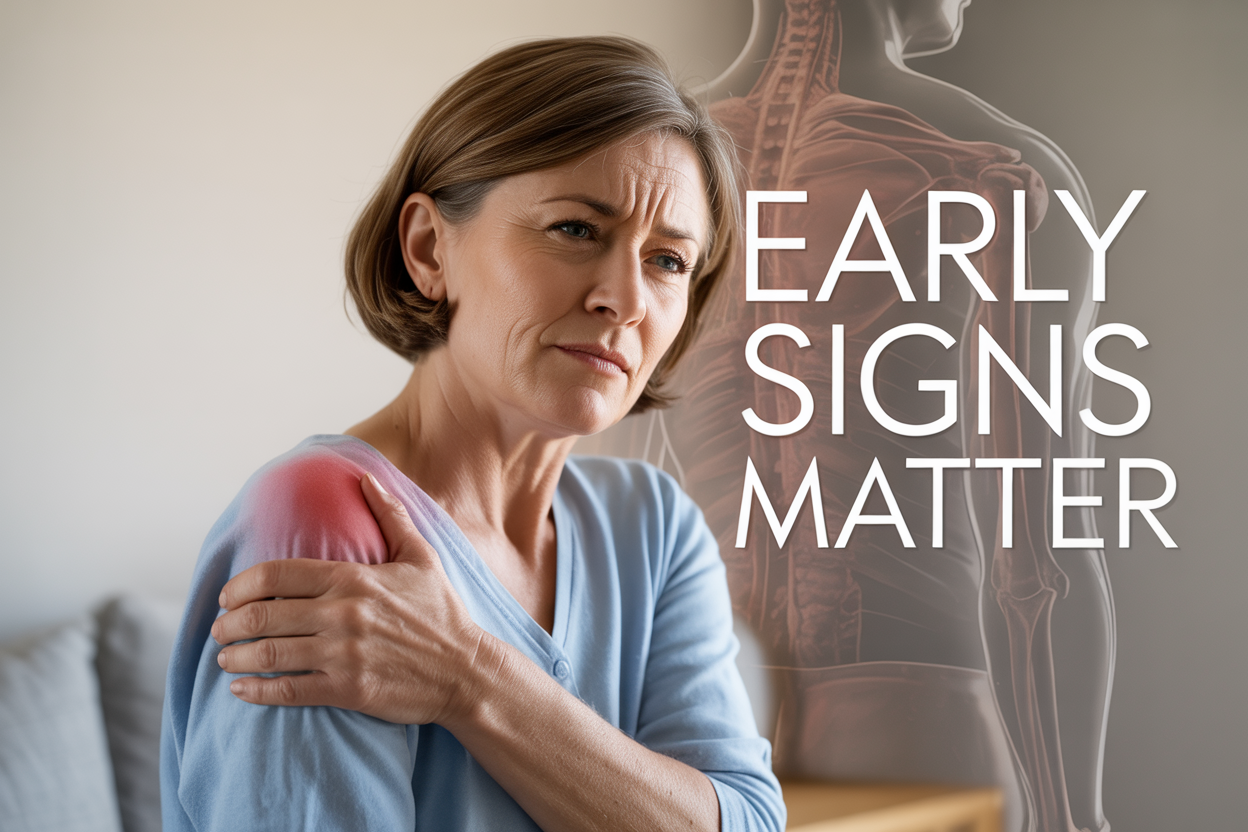 Create a realistic image of a middle-aged white female in casual clothing gently holding her left shoulder with her right hand, displaying a subtle expression of discomfort and concern, positioned against a soft, neutral background with warm natural lighting, include the text "Early Signs Matter" in clean, modern typography overlaid on the upper portion of the image, with subtle anatomical shoulder illustration elements faintly visible in the background to emphasize the medical context.