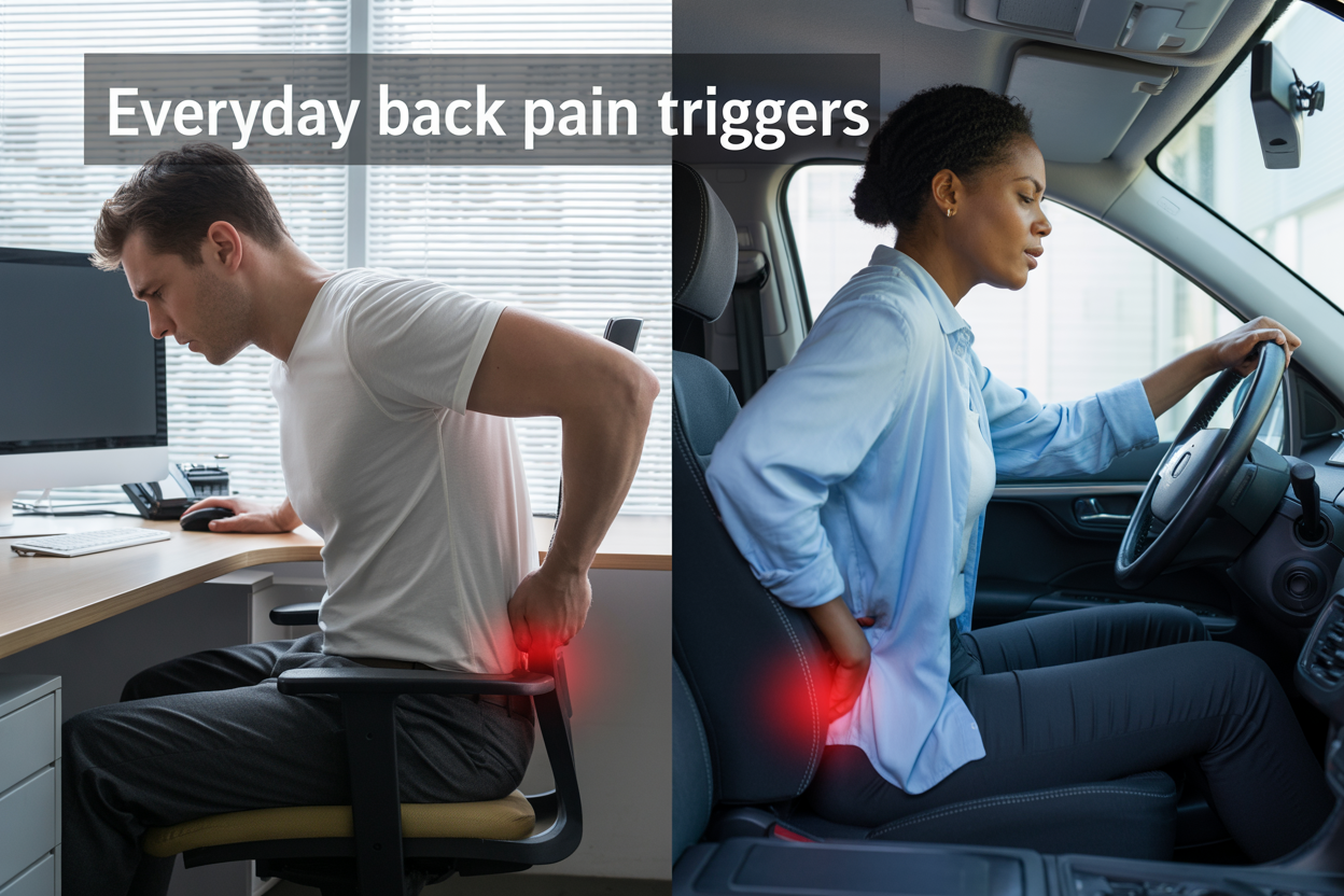 Create a realistic image of a split-screen composition showing an uncomfortable office worker (white male, 30s) hunched over at a desk with poor posture on the left side, and a person (black female, 40s) sitting awkwardly in a car driver's seat on the right side, both with subtle red glow effects around their lower back areas to indicate pain, modern office environment with ergonomic concerns visible including low monitor and unsupportive chair, car interior showing poor seat positioning, soft natural lighting with slightly muted tones to convey discomfort, include the text "EVERYDAY BACK PAIN TRIGGERS" in clean, professional font across the top of the image.