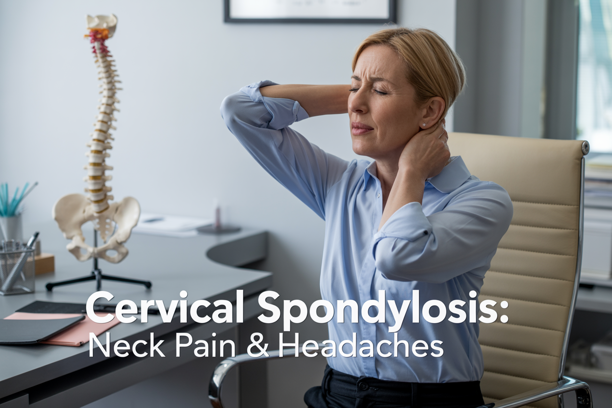 Create a realistic image of a middle-aged white female sitting at a modern desk holding her neck with one hand and touching her temple with the other hand, showing clear signs of discomfort from neck pain and headache, with a clean medical office or home office background featuring soft natural lighting, anatomical spine model visible on the desk, and the text "Cervical Spondylosis: Neck Pain & Headaches" displayed prominently in professional medical font overlay.