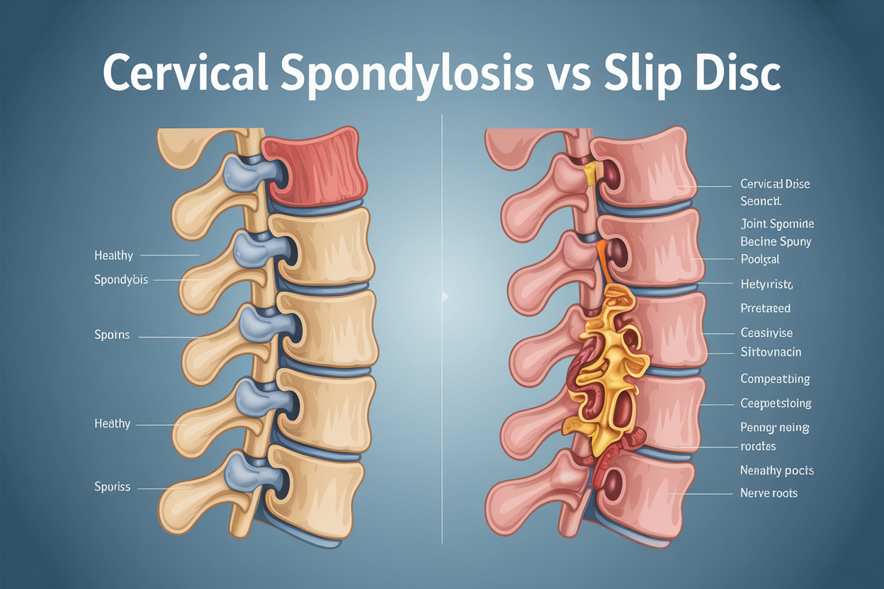 Create a realistic image of a split-screen medical illustration showing two side-by-side anatomical cross-sections of the human cervical spine, with the left side displaying a healthy spine transitioning to cervical spondylosis with visible bone spurs and joint degeneration, and the right side showing a herniated disc with the disc material protruding and compressing nearby nerve roots, both sections clearly labeled with small white text, set against a clean medical blue gradient background with soft professional lighting, and featuring the text "Cervical Spondylosis vs Slip Disc" prominently displayed at the top in bold white medical font.