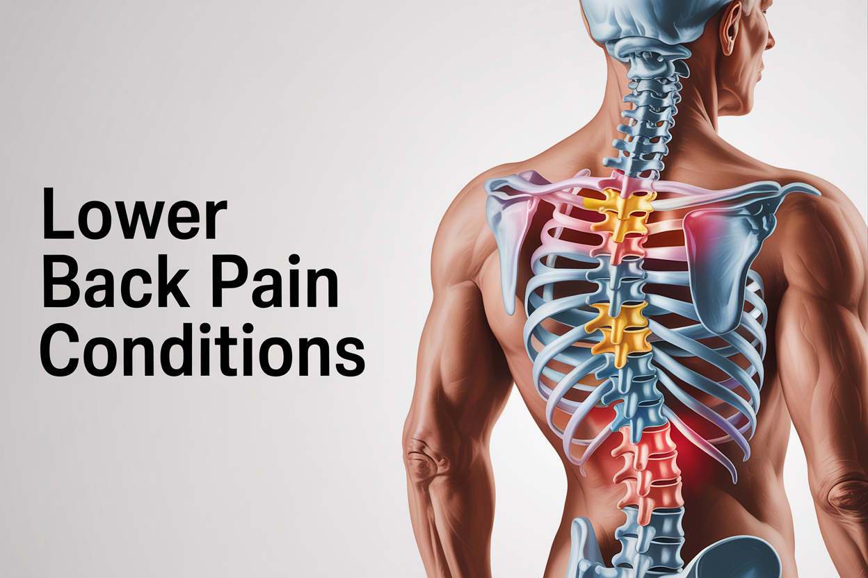 Create a realistic image of a detailed anatomical illustration showing a human spine from a side view with highlighted areas indicating common problem zones, featuring transparent overlays showing herniated discs, spinal stenosis, and vertebrae misalignment, set against a clean medical background with soft, professional lighting, including the text "Lower Back Pain Conditions" prominently displayed at the top of the image in clear, medical-style typography.