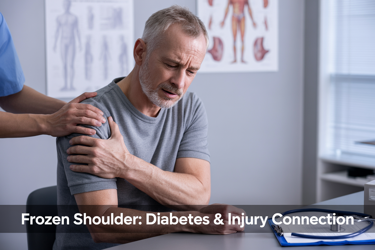 Create a realistic image of a middle-aged white male in casual clothing sitting at a medical consultation table, gently holding his left shoulder with a pained expression while a medical professional's hands are visible examining the shoulder area, with medical charts and a stethoscope on the desk, anatomical shoulder diagrams on the wall in the background, soft clinical lighting, and the text "Frozen Shoulder: Diabetes & Injury Connection" overlaid in clean, professional font at the bottom of the image.