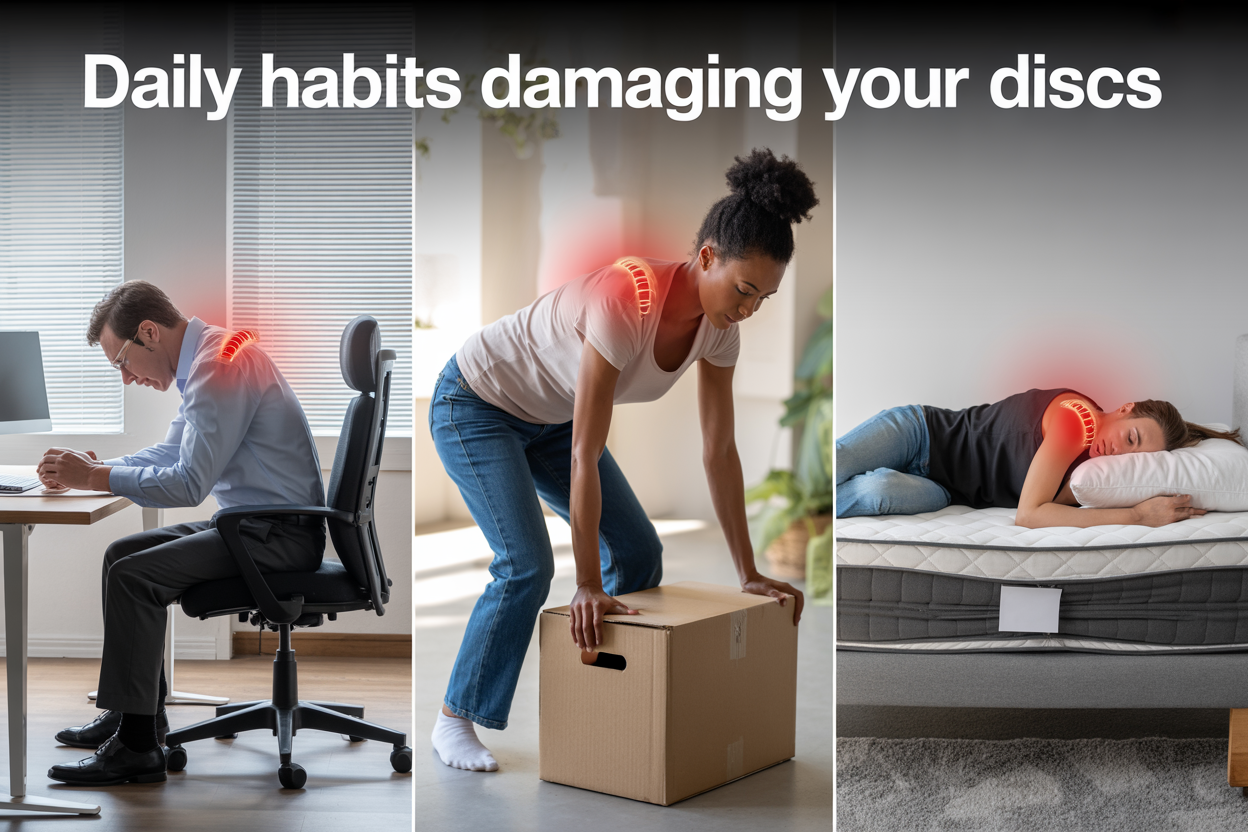 Create a realistic image of a split-screen composition showing three daily activities that harm spine health: on the left, a white male office worker hunched over a desk with poor posture, in the center, a black female lifting a heavy box with incorrect bending technique, and on the right, a person sleeping on a sagging mattress in an awkward position, with a subtle red glow or highlighting around the spine area of each person to indicate disc stress, set against a clean, modern background with soft natural lighting, and include the text "Daily Habits Damaging Your Discs" prominently displayed at the top of the image.