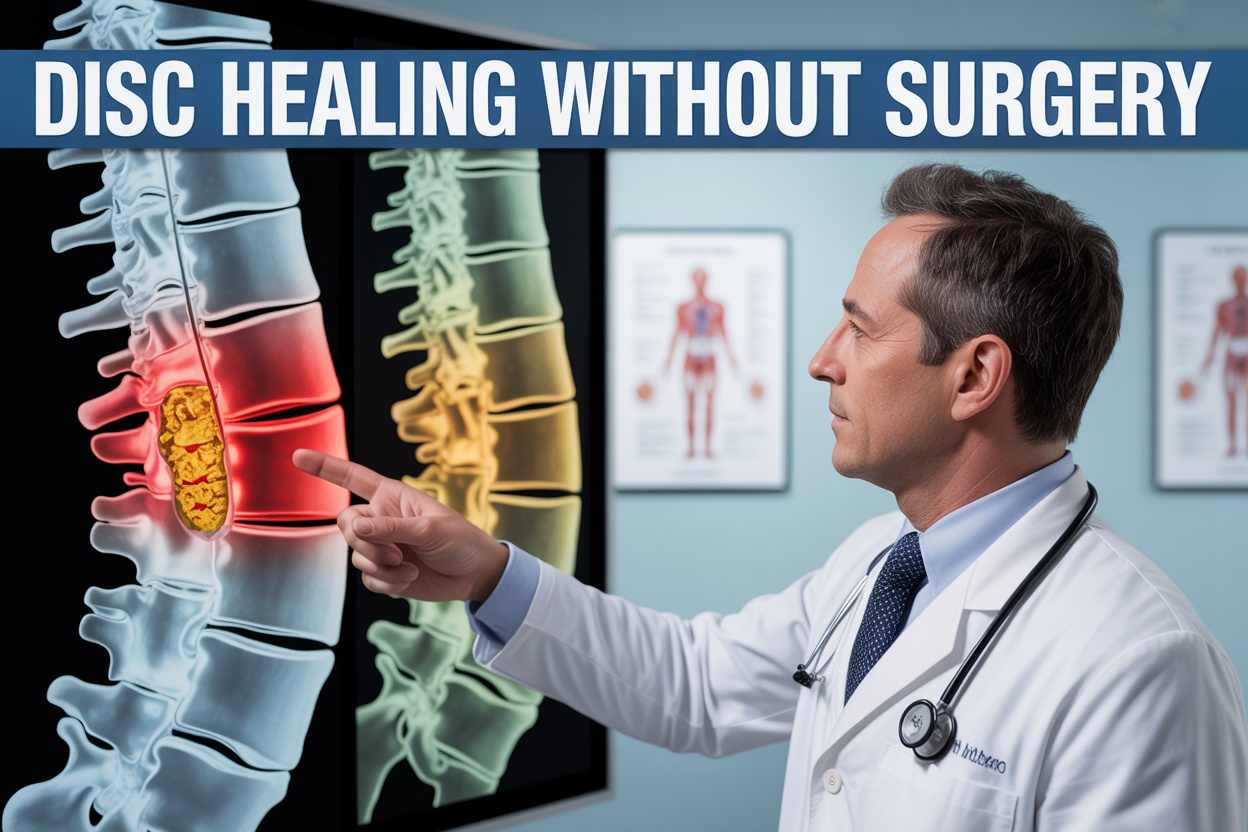 Create a realistic image of a split-screen composition showing a human spine cross-section on the left side with a highlighted disc problem (herniated disc) in red, and on the right side showing the same disc area in a healthy, healed state in green, with a white male doctor in a lab coat pointing to both images on a medical consultation room wall, soft professional lighting, clean medical office background with charts, and overlay text reading "Disc Healing Without Surgery" in bold blue letters at the top of the image.