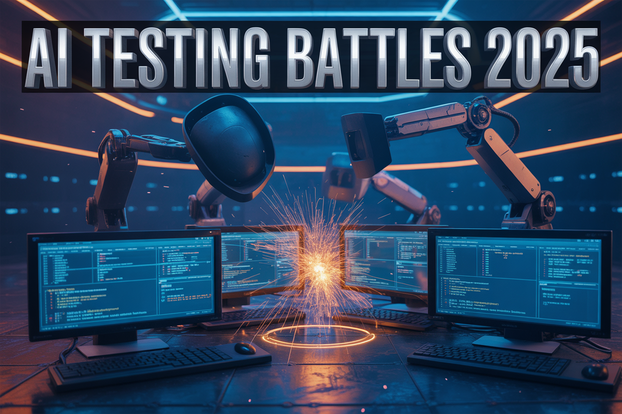 Create a realistic image of a futuristic digital arena with multiple glowing computer screens displaying code interfaces and testing dashboards, robotic arms holding different AI testing tools like shields and weapons in a gladiator-style battle setup, dramatic blue and orange neon lighting creating an intense competitive atmosphere, sparks and digital effects flying between the competing platforms, with bold text overlay reading "AI TESTING BATTLES 2025" in metallic silver letters across the top of the scene.