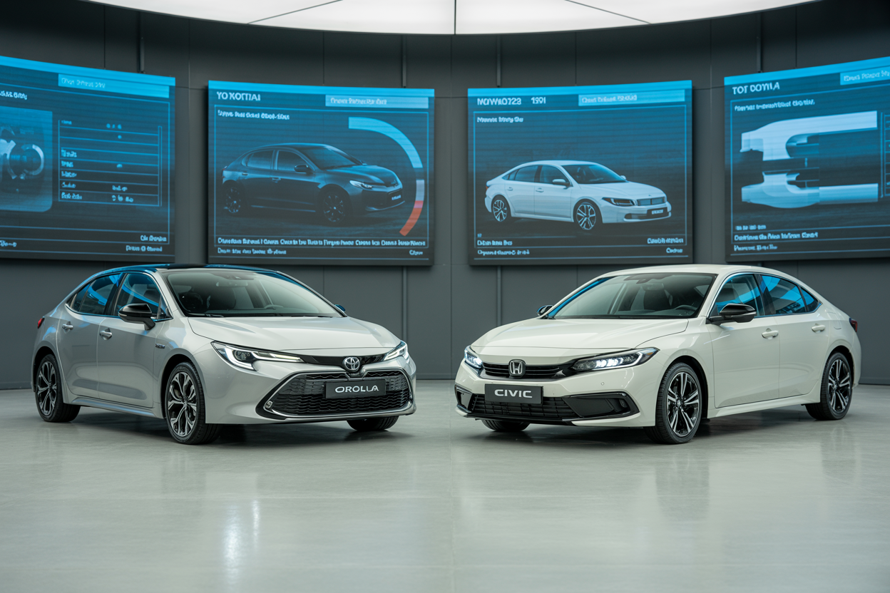 Create a realistic image of two modern cars, a silver Toyota Corolla and a white Honda Civic, positioned side by side in a clean automotive showroom with bright professional lighting, showcasing their front and side profiles, with engine bay hoods open revealing their engines, surrounded by technical specification charts and performance data displays on digital screens in the background, creating a professional comparison atmosphere, absolutely NO text should be in the scene.